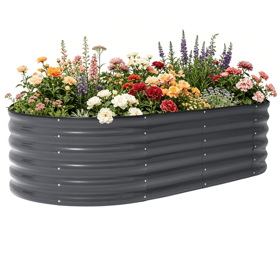 OBENSKY Galvanized Raised Garden Bed Outdoor 6x3x1.5 ft Oval Metal Planter Box with 3 Support Bars for Vegetables, Flowers - Gray