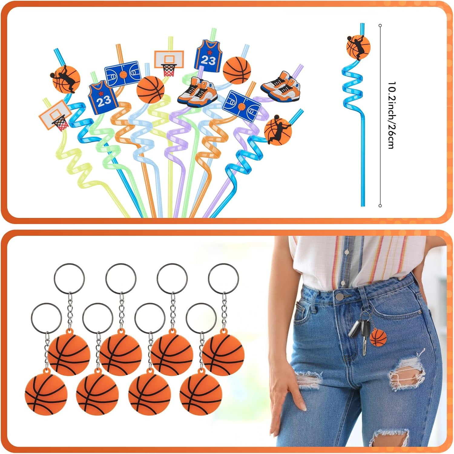 170 Pcs Basketball Party Favors Pack with Cups Straws Stress Ball Silicone Wristbands Slaps Bracelets Keychains Stickers Whistles Thank You Tags Goodie Bags for Basketball Birthday Party Supplies