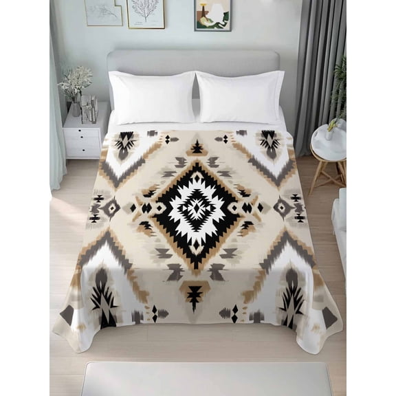 Boho Black Brown California King Size Flat Sheet, Wrinkleproof & Fadeproof Cooling Flat Bed Sheet Only, Vintage Southwestern Ethnic Geometric Breathable Soft Bedding Top Sheets 108 x 98 Inches