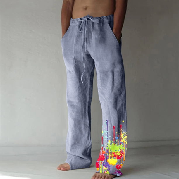 Pantalones largos de verano para hombre, de algodón y lino, con pierna ancha, estampados, con cordones, para deportes y vacaciones