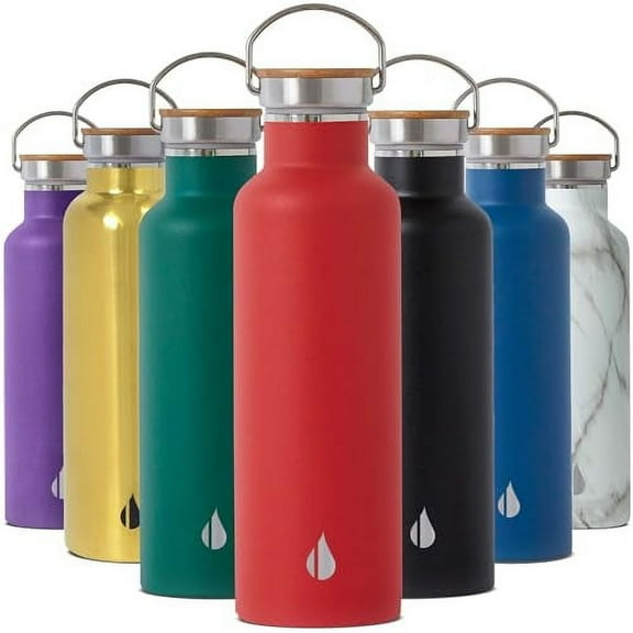 Elemental Classic Insulated Water Bottle, Leak Proof Thermos Water Bottle with Bamboo Lid and Metal Ring, Reusable Insulated Stainless Steel Water Bottle, 25oz - Red