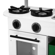 Delta Children Deluxe Modern Kitchen - Wooden Toy Kitchen Playset with Realistic Knobs that Turn/Click, Oven, Sink and Fridge/Freezer with Ice Maker, White