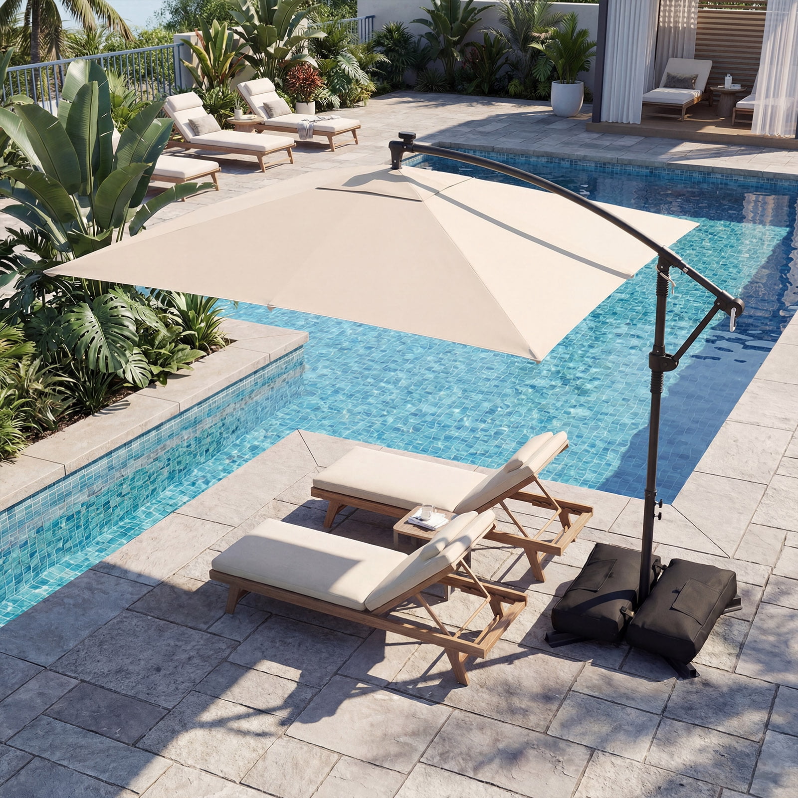 Costway 8 x 8 FT Solar LED Offset Cantilever Patio Umbrella, Square Hanging Outdoor Beige