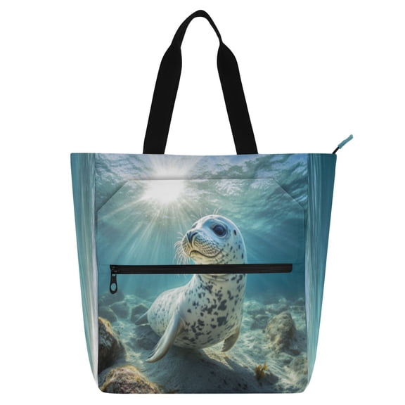 BZSMCE Book Tote Bag Casual Style Creatively Serene Seal in Underwater Glow Printed
