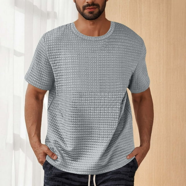 Playeras Elvqul de Hombre Algodón Playa Manga Corta Gris sin Estampado Stretch Cuello Redondo Gym