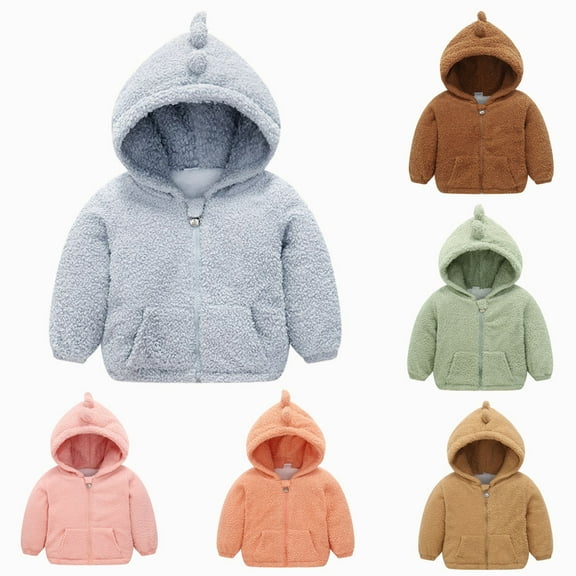 Popvcly 1-7T Toddler Kid Boys Girls Winter Thickened Warm Lamb Coats Dinosaur Hooded Faux Fur Fleece Jacket Zip-up Outwear