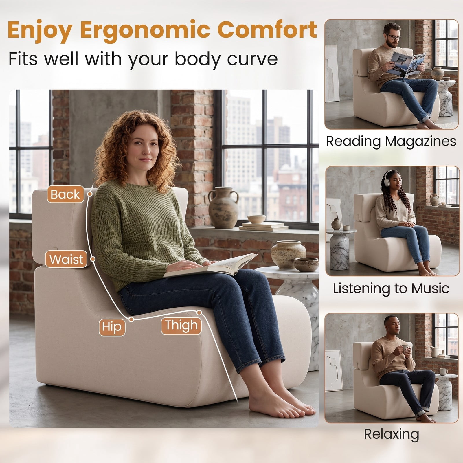 Furnibear Floor Chair Lazy Sofa with Detachable Headrest, Adjustable Padded Floor Gaming Sofa Chair, Foldable Ice Velvet Meditation Reading Seat for Living Room, Beige