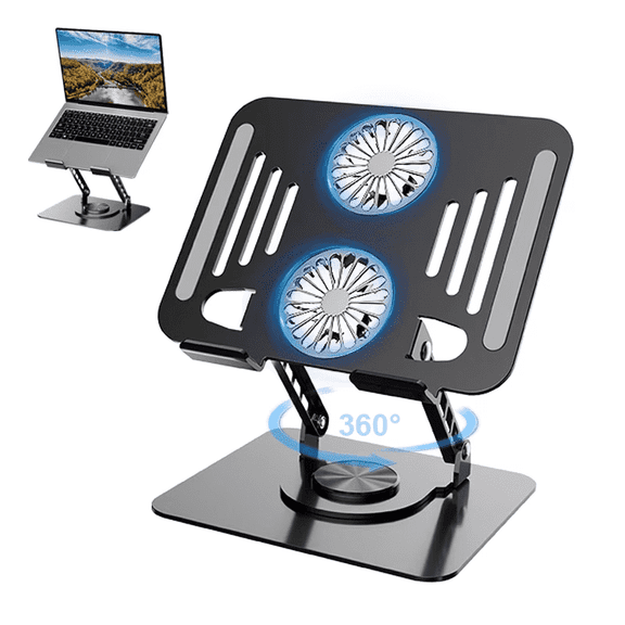 Laptop Stand for Desk, Adjustable Computer Stand with Dual Turbo Fan, 360° Rotating Base, Aluminum Foldable Computer Holder, Black