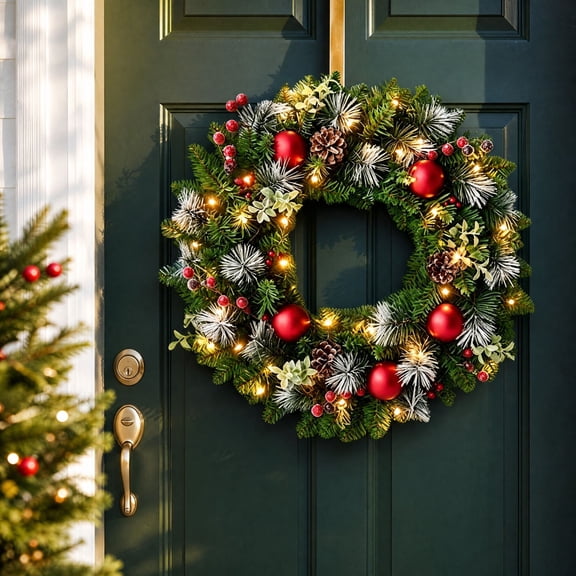 Christmas Wreath with Lights,Berry Vine Hanging Garland,Front Door Holiday Decoration for Home and Party Display