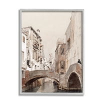 Stupell Industries Arched Bridge Over Canal Quaint Town Buildings Painting Gray Framed Art Print Wall Art, Design by Lettered and Lined
