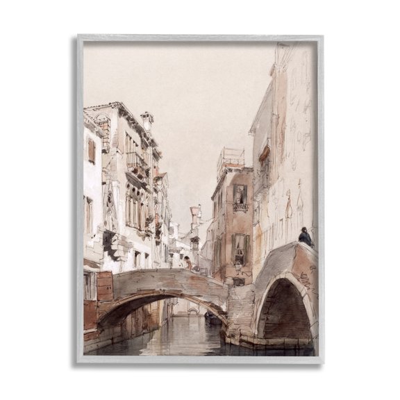 Stupell Industries Arched Bridge Over Canal Quaint Town Buildings Painting Gray Framed Art Print Wall Art, Design by Lettered and Lined