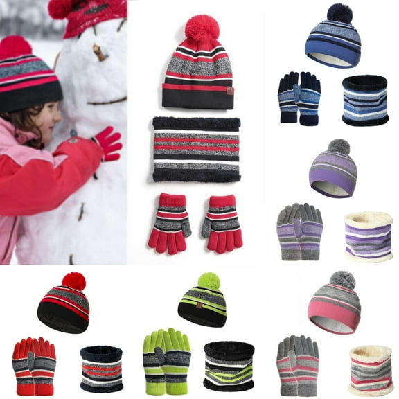 Visland Kids Hat Scarf Gloves Set, Fashion Casual Cute Plush Ball Striped Thicken Stretchy Soft Skin-friendly Knitted Winter Head Neck Hand Warm Boys Girls Cap Scarf Mittens for Cycling Skiing Skating