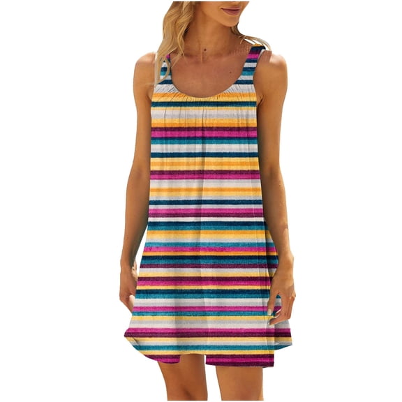 Wlylongift 2024 Summer New Womens Fashion Wavy Casual Printed Round-Neck Sleeveless Loose Knee-Length Slip Dress S-XXL Easter St.Parik's Day