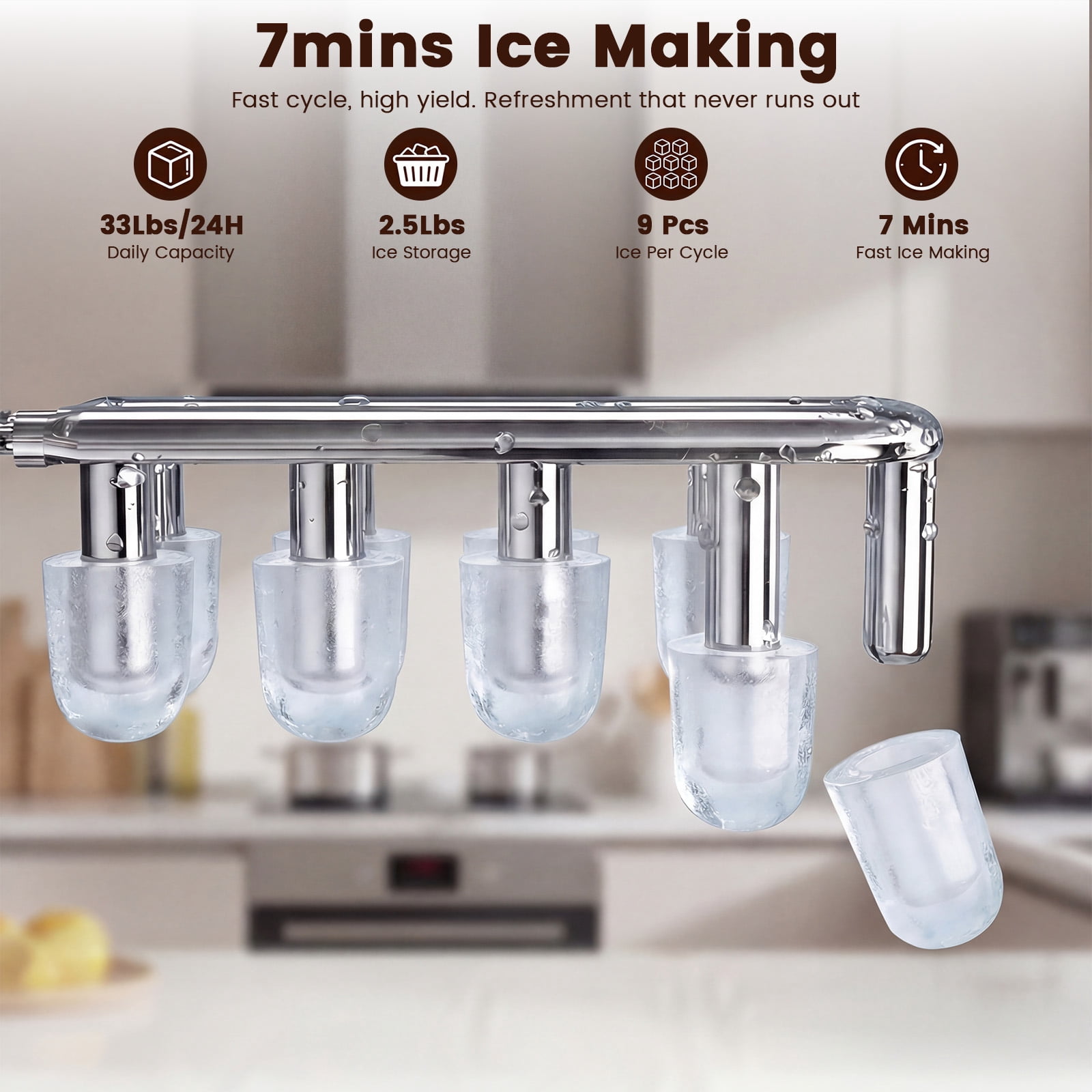 Advwin 4-in-1 Water Cooler Dispenser with Ice Maker, Hot & Cold Water, 33 lb Ice per Day, Ice Ready in 7 Minutes, Top Loading 3–5 Gallon, Child Safety Lock, White/Silver