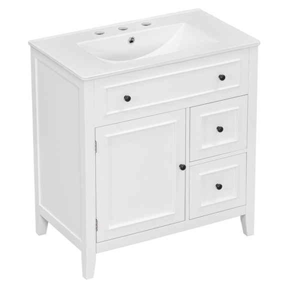 30 Inch Bathroom Vanity with Sink Top Bathroom Vanity Cabinet with Door and Two Drawers Solid Wood Frame One Package White