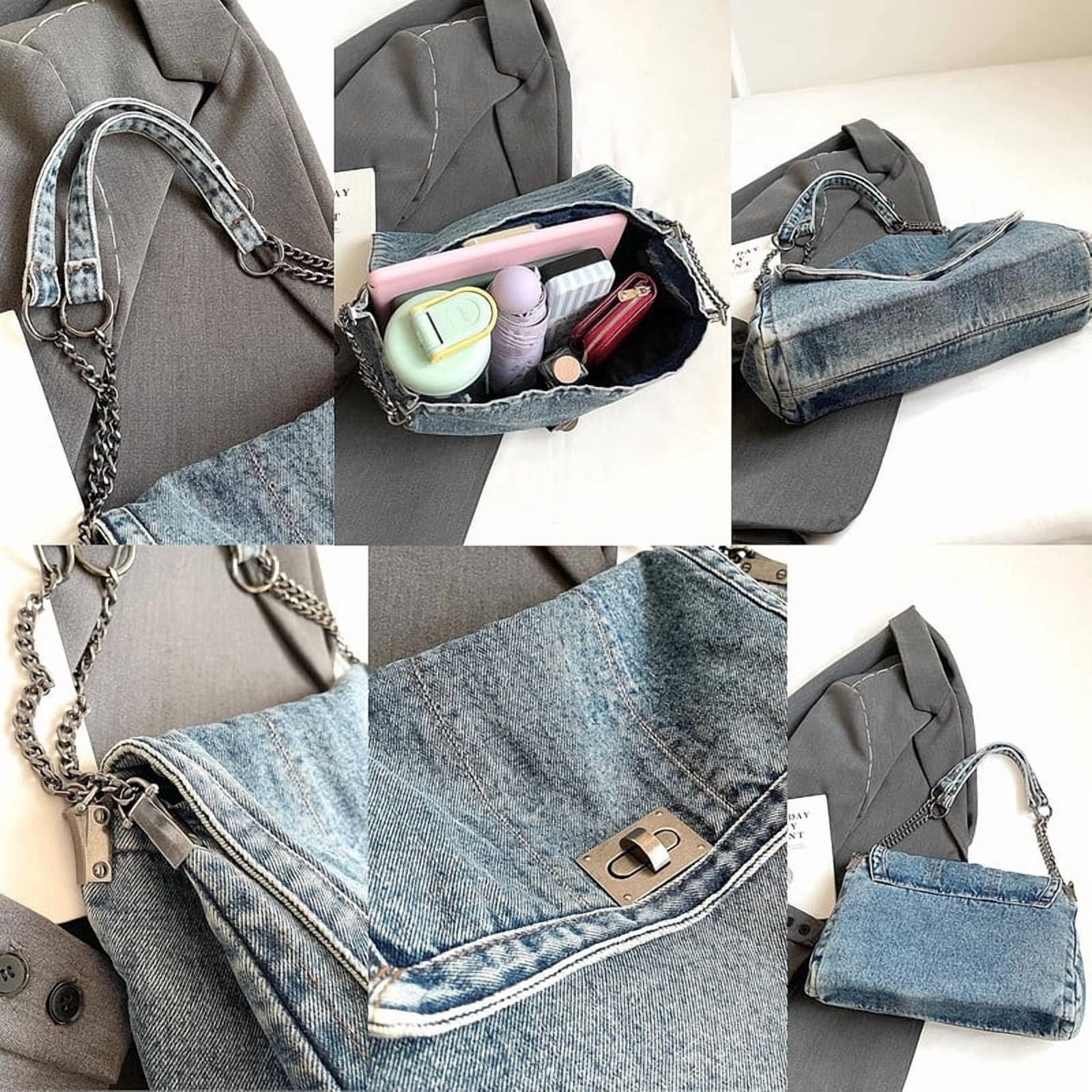 2026 Women's Casual Retro Denim Tote Bag, Lightweight Quilted Crossbody Purse with Chain Strap