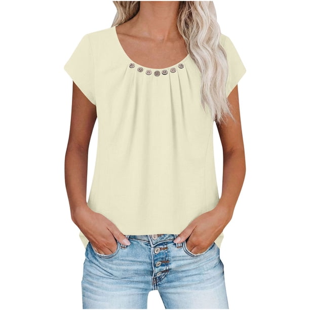 Tops de Color Sólido para las Mujeres Cuello Redondo de Manga Corta con Detalle de Botón Plisado Casual, Tops de Cuello Redondo para las Mujeres