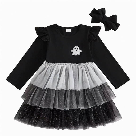 mgoYE Toddler Girls Halloween Dress Orange Pumpkin Tiered Dress Long Sleeve Dresses Tutu Outfits(Black,12-18 Months)