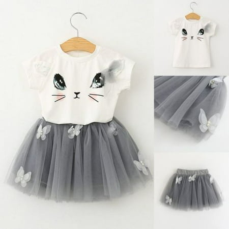 Toddler Kids Baby Girls Outfits Cat Print Clothes T-shirt Tops+Tutu Dress Skirt 2PCS Set 2-7T