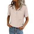 thumbnail image 2 of Women Button Down Shirts Lapel Short Sleeve Shirt Collared Work Tops Business Casual Dressy Summer Spring Clothes with Chest Pocket, Khaki S, 2 of 7