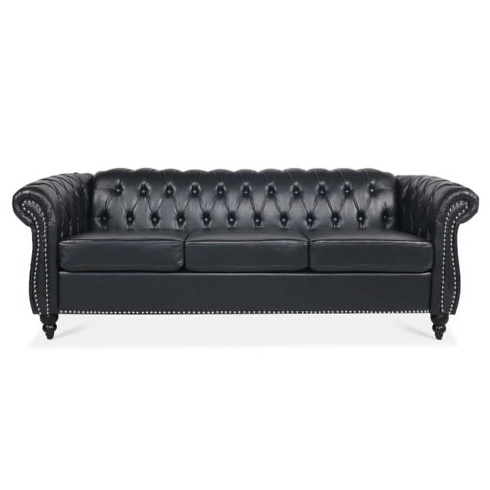 3 Seater Couch, Upholstered PU Sofa with Tufted Back and Armrests, Chesterfield Soft Sofa for Living Room, Bedroom, Apartment, Black