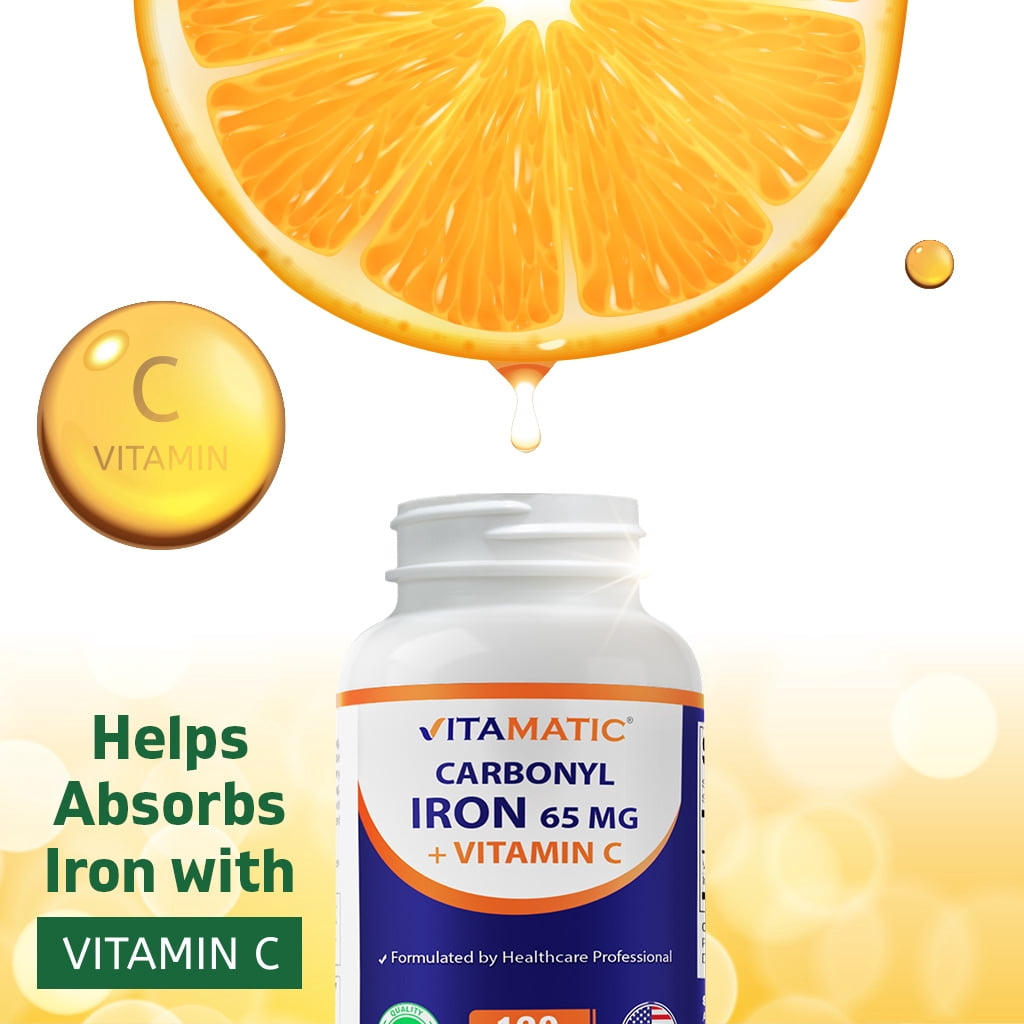Vitamatic Carbonyl Iron 65 mg with Vitamin C – Gentle Iron Supplement for Energy & Immune Support – High Absorption – 120 Tablet - 2 pack