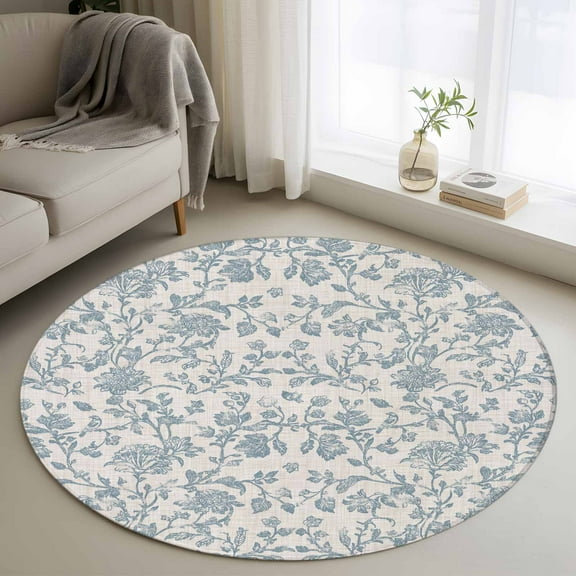 Farmhouse Flower Round Rug 3ft Washable Circle Entryway Rugs Non Slip Botanical Vintage Light Blue Leaf Area Rug Indoor Floor Carpet for Bedroom Kitchen Living Room Home Office Dining Room Nursery