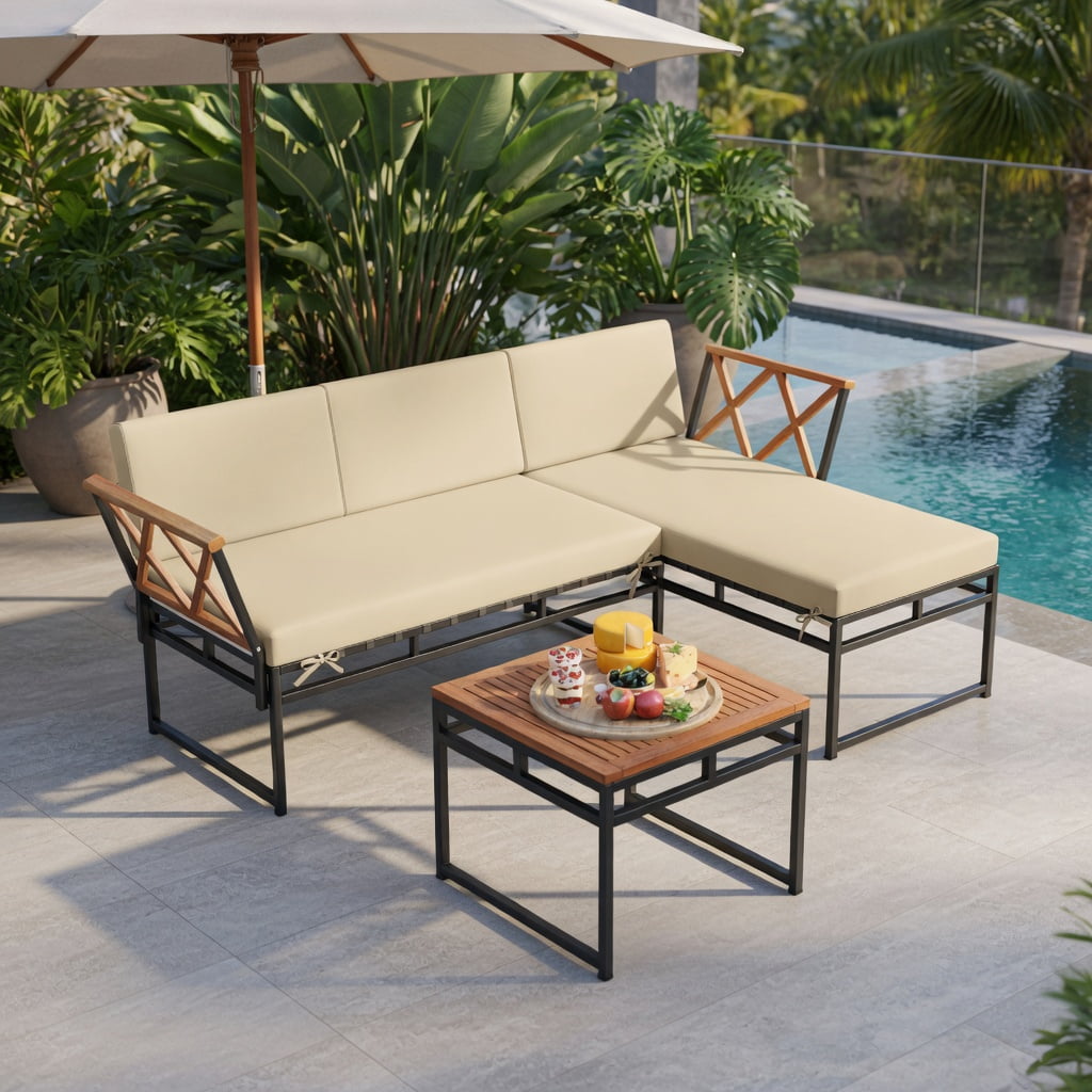 Hommoo 3-Piece L-Shaped Outdoor Patio Furniture Set, Cushioned Acacia Wood Loveseat & Lounge Sofa with Coffee Table for Porch, Backyard, Poolside, Brown