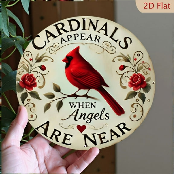 [Vintage Cardinal Sign] Rustic 8*8inch Vintage Cardinal Aluminum Metal Sign _ Durable Hanging Plaque with Inspirational Message, Red Cardinal & Floral Wreath Design for Home, Garden, or Door Decor