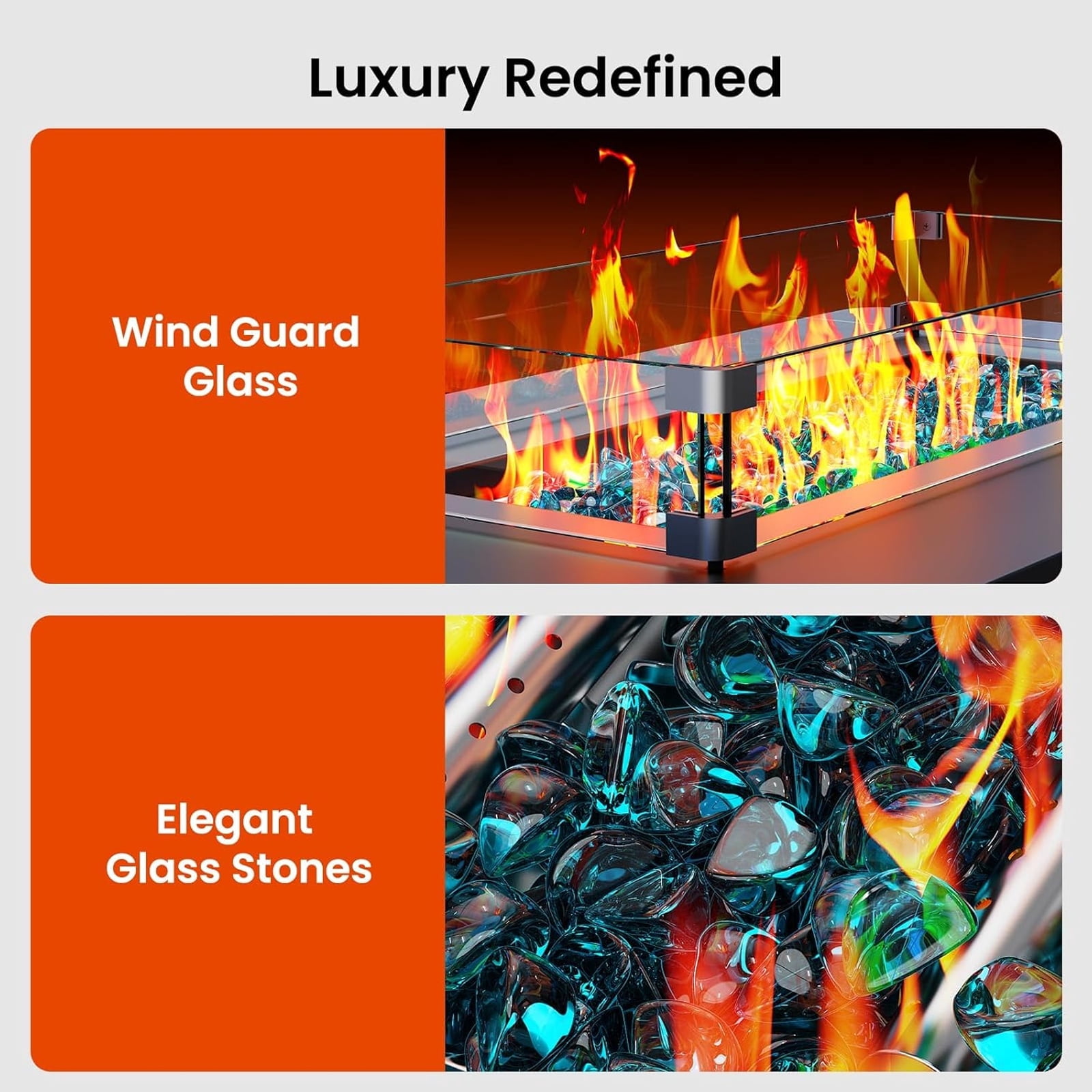 43" Propane Fire Pit Table with Wind Guard - 60,000 BTU Gas Rectangular Fire Pit with Blue Glass Rocks, Waterproof Cover for Deck, Backyard, Garden, Outdoor, CSA-Certified