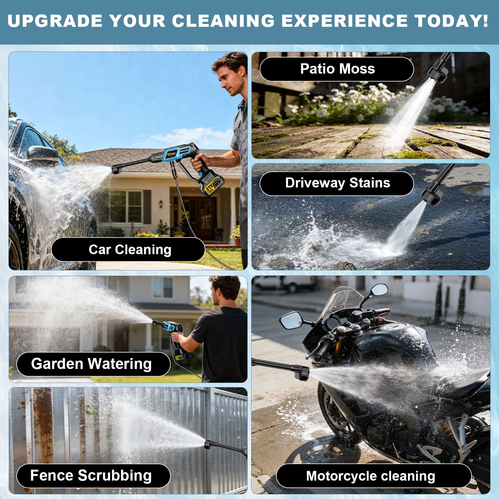 Cordless Pressure Washer, Gisam Portable Power Washer with 6-in-1 Adjustable Nozzle, 2x 4.0Battery ,Brushless Motor，Power Cleaner for Cars/Patios