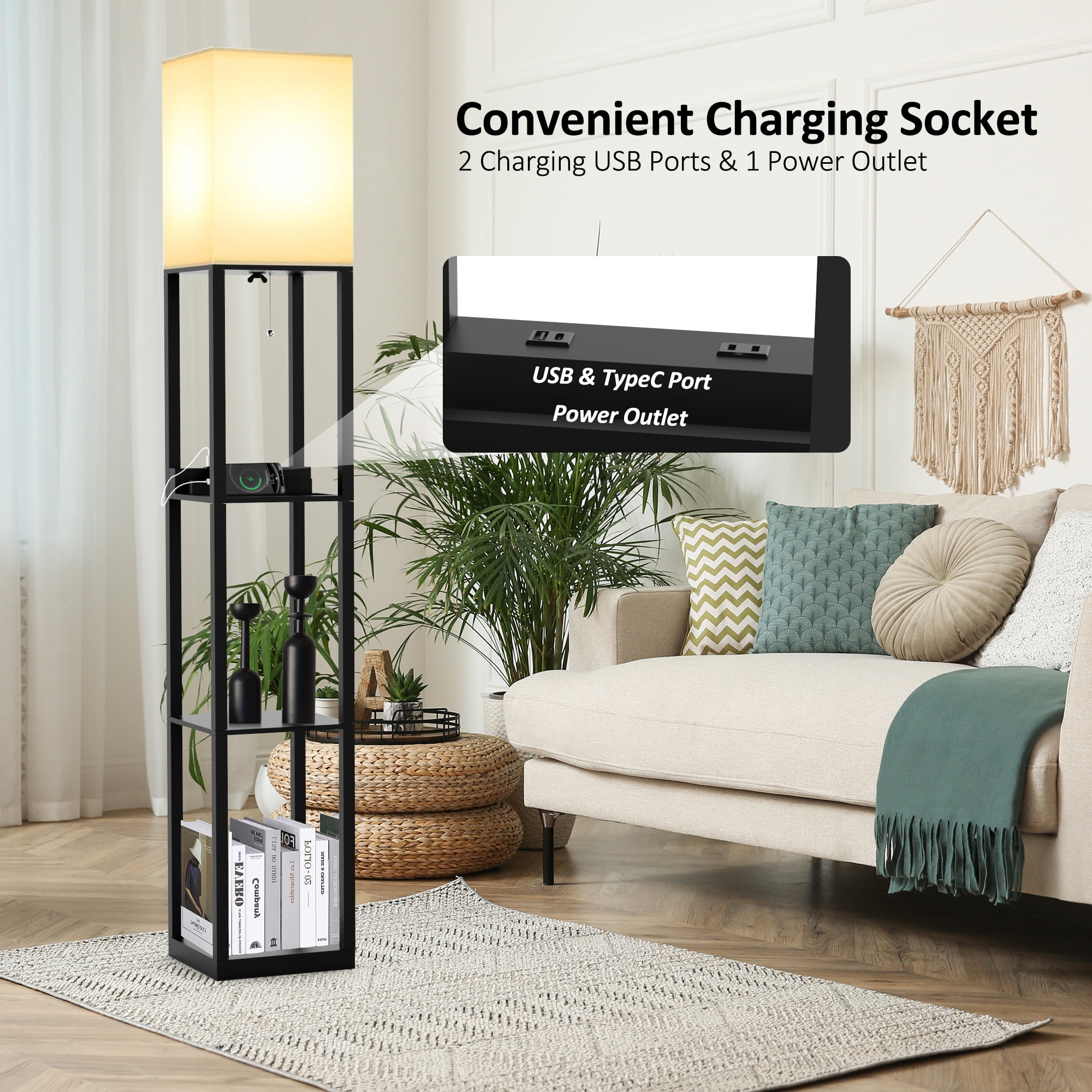 Jurulu LED USB Floor Lamp with Storage, 3 Color Temperatures, Solid Wood, 2 Charging Ports & Power Outlet, Matte Black