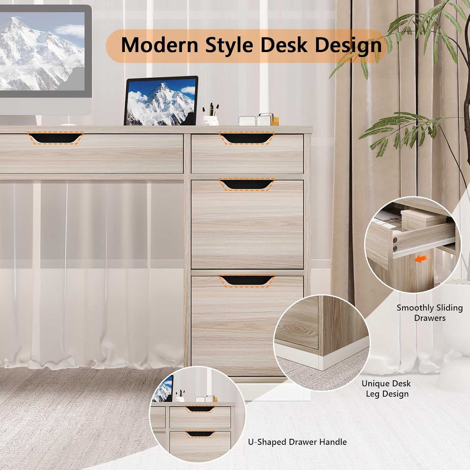 DreamCurship 54" Executive Desk with Storage, Computer Desk with 7 Drawers, Wood Home Office Desk with File Drawers, White and Gray