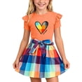thumbnail image 2 of ITSAME Girls Summer Outfits 2-Piece Ruffled Short Sleeve Top and Plaid Print Skirt Kids Fashion Casual Set Orange Size 7-8Y, 2 of 8