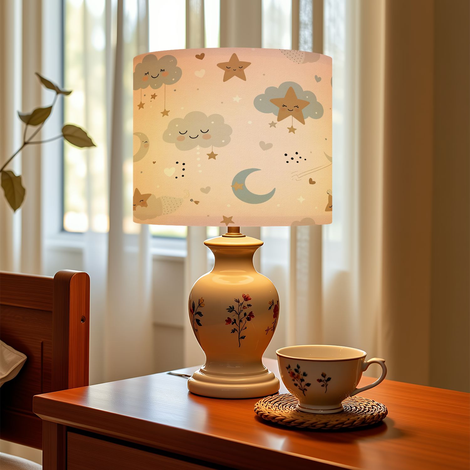 Boho Linen Drum Lampshades Cute heavenly seamless Cartoon baby print sleeping moon 13"x13"x10" Light Shade for Table Lamps Floor Lamp Shades Lampshade Replacement Assembly Required