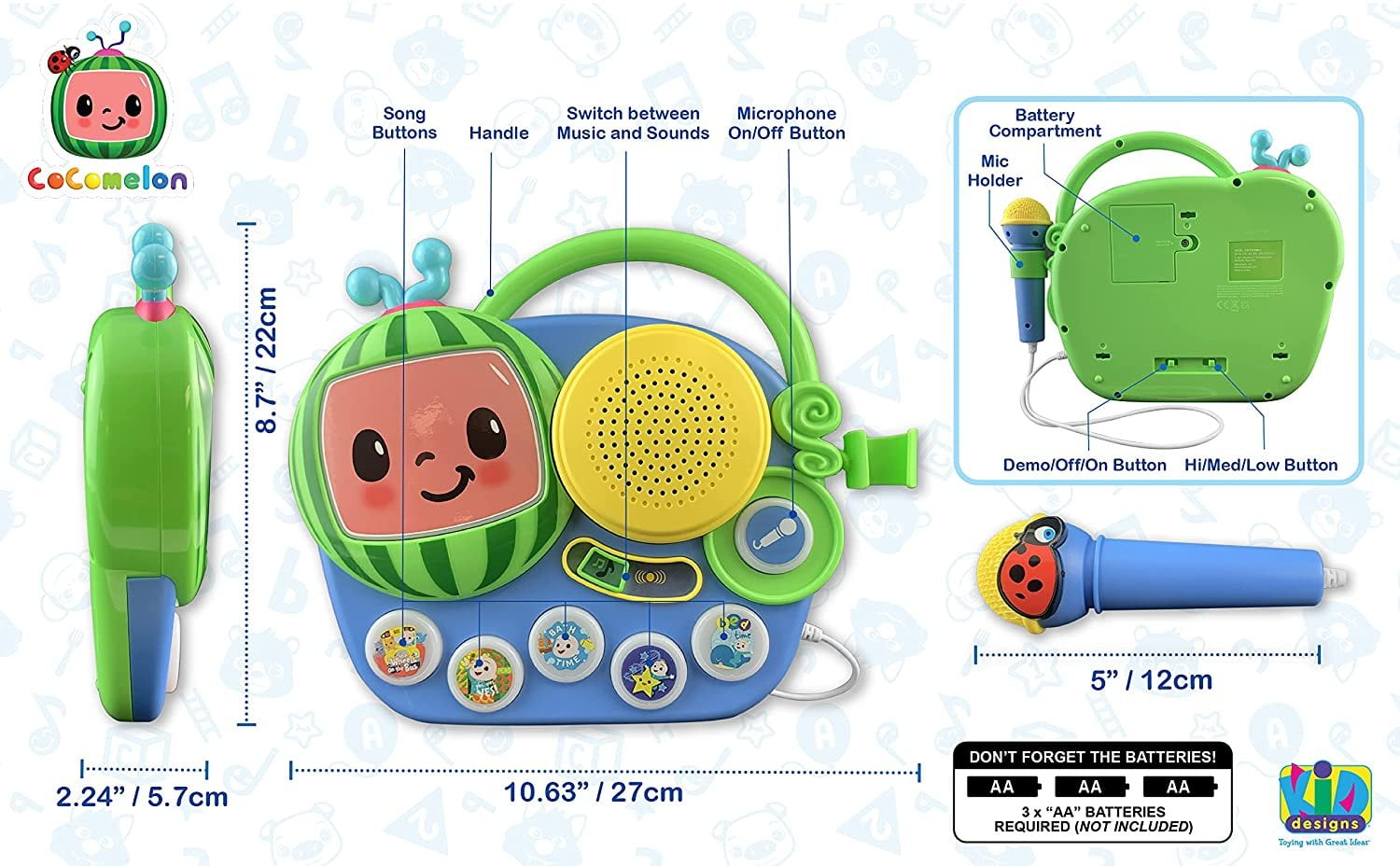 EKids Cocomelon Toy Singalong Boombox with Microphone for Toddlers, Built-in Music and Flashing Lights, for Fans of Cocomelon