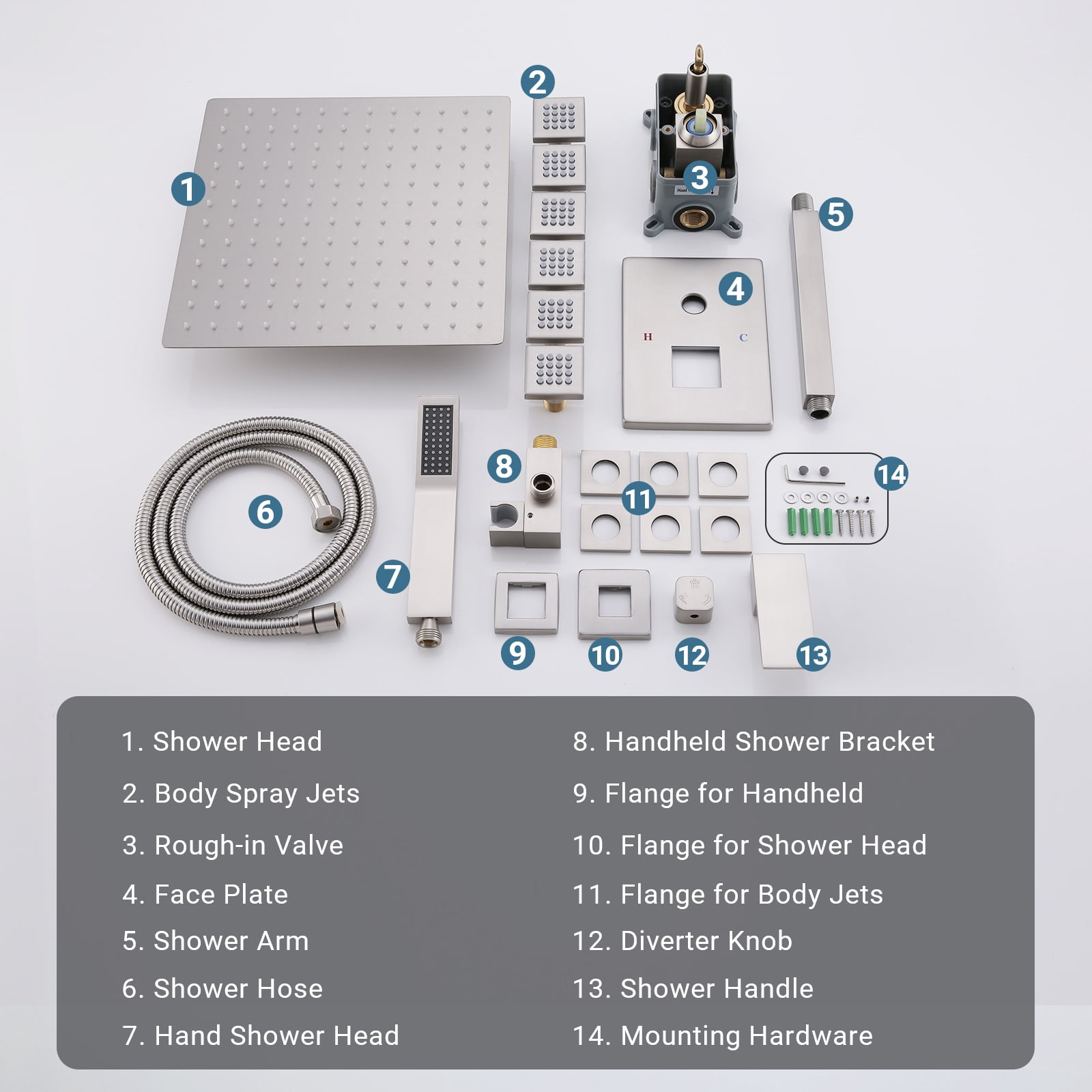 Full Body Shower System with Body Shower Spray Jets, 12'' Ceiling Shower Head System with Jets & Hand Shower, Brushed Nickel Rain Shower System Faucet Set with Jets & Valve