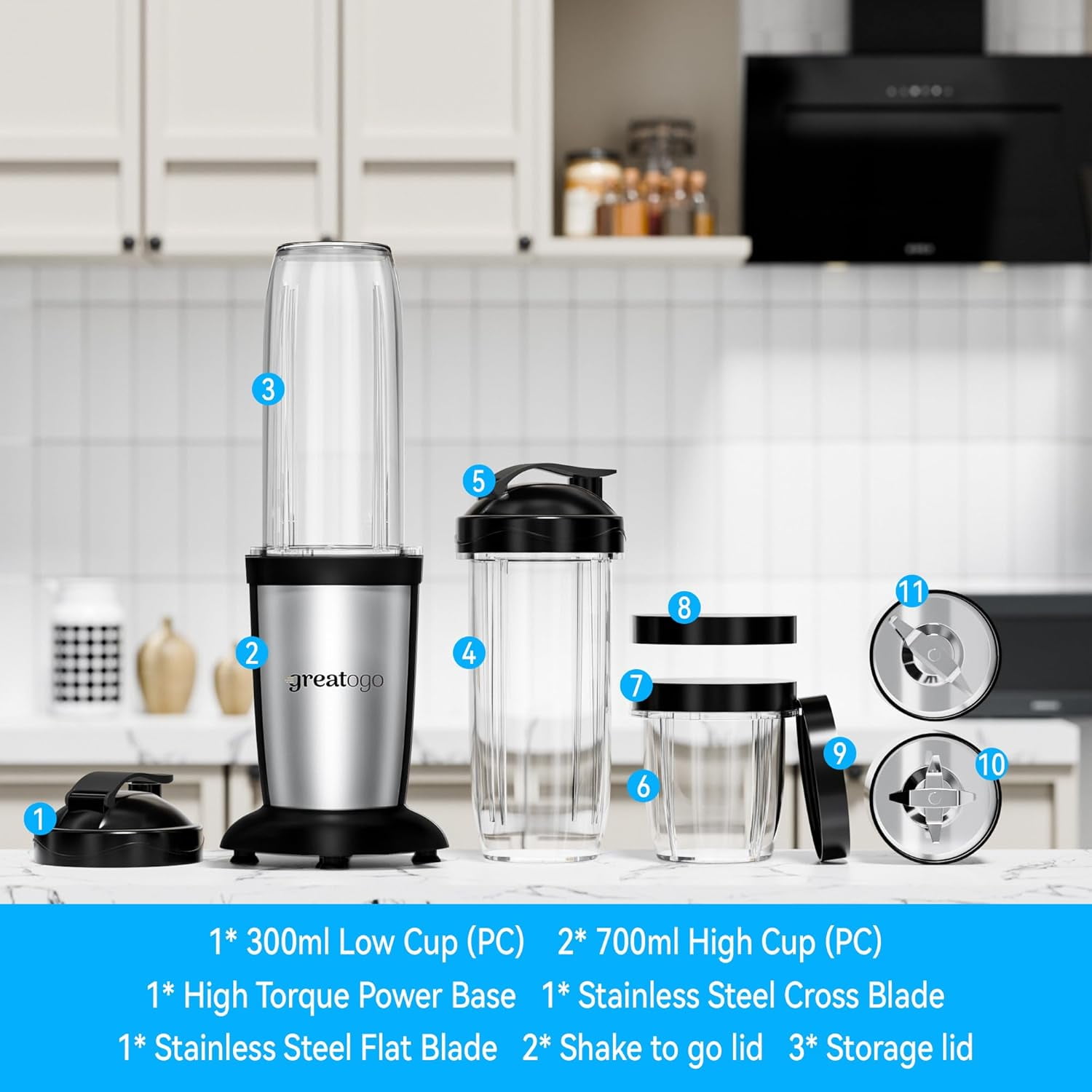 Compact Personal Blender for Smoothies & Shakes, 2-in-1 Bullet Blender and Grinder with 11-Piece Set