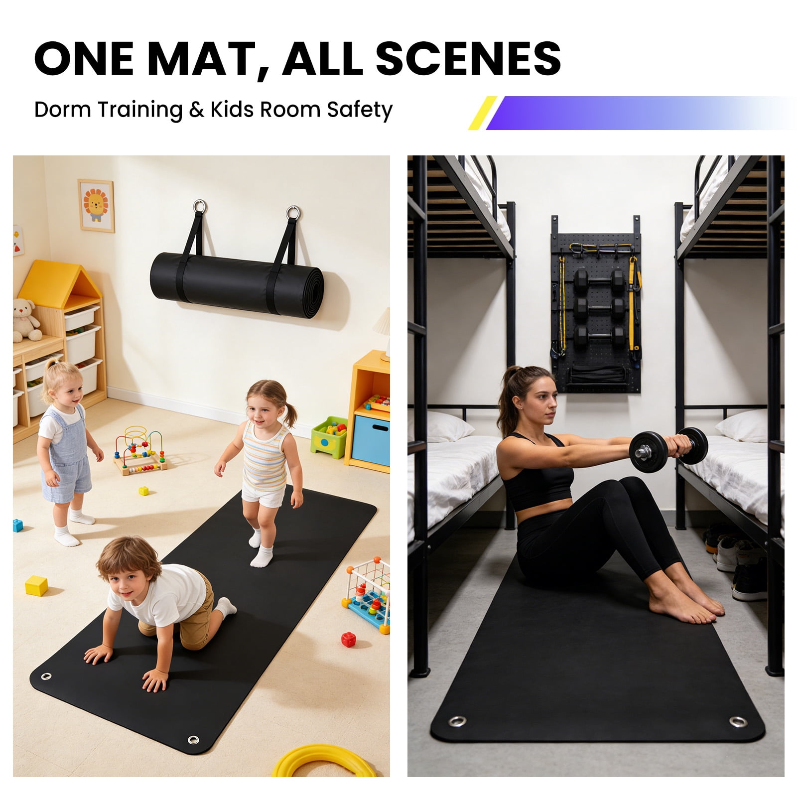 MAROUTE Commercial Grade Hanging Exercise Mat – Durable 5mm Thick PVC Yoga & Workout Mat with Reinforced Holes – Ideal for Home Gym, Pilates, Stretching, Group Fitness – Black
