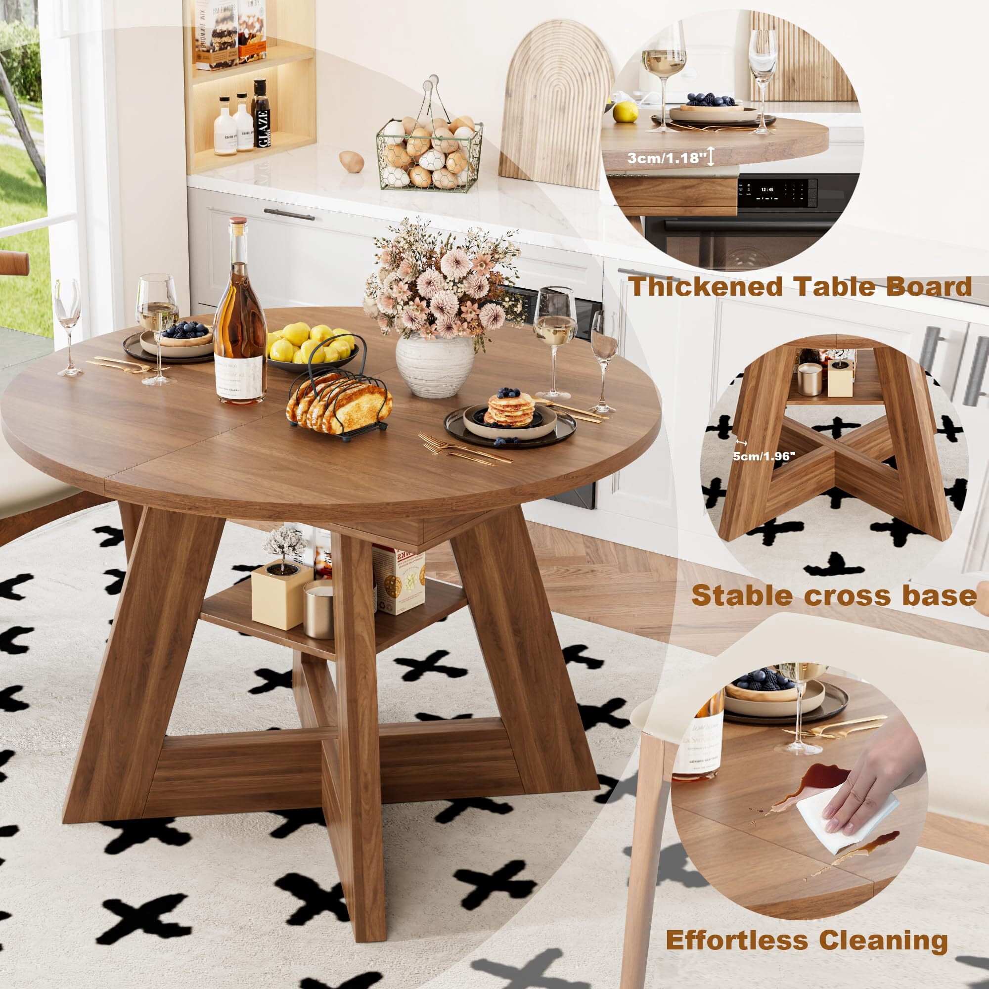 Fsbecl Mid Century Modern Extendable Round Dining Table 43.3in-59in for 4-8, Wooden Kitchen Dining Table, Walnut