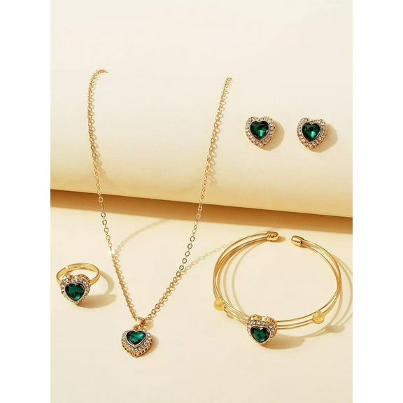 EOEMY 5Pcs Green Rhinestone Heart Decor Jewelry Set Necklace Bracelet Earrings And-Default