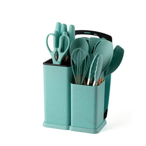 19-Piece Ink Green Kitchen Utensil & Knife Set with Storage Canister - Food-Grade Silicone & Natural Wood Handles, Ergonomic Design, Includes Knives, Spatulas, Tongs, Cutting Board - Ideal for