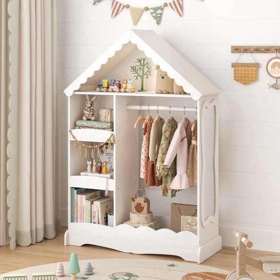 Curipeer Kids Dress Up Storage with Touch-Activated Light,Wood Armoire Wardrobe Closet with Mirror for Bedroom Playroom,White