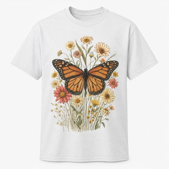 Monarch Butterfly Wildflower Graphic T-Shirt – Vintage Botanical Meadow Tee, Unisex Sizes S–4XL
