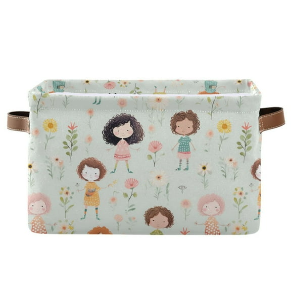 Little Girl and Flower Storage Bins with Handle Fabric Organizer Basket Foldable Box 1 Pack 14.2x10.2x8.3