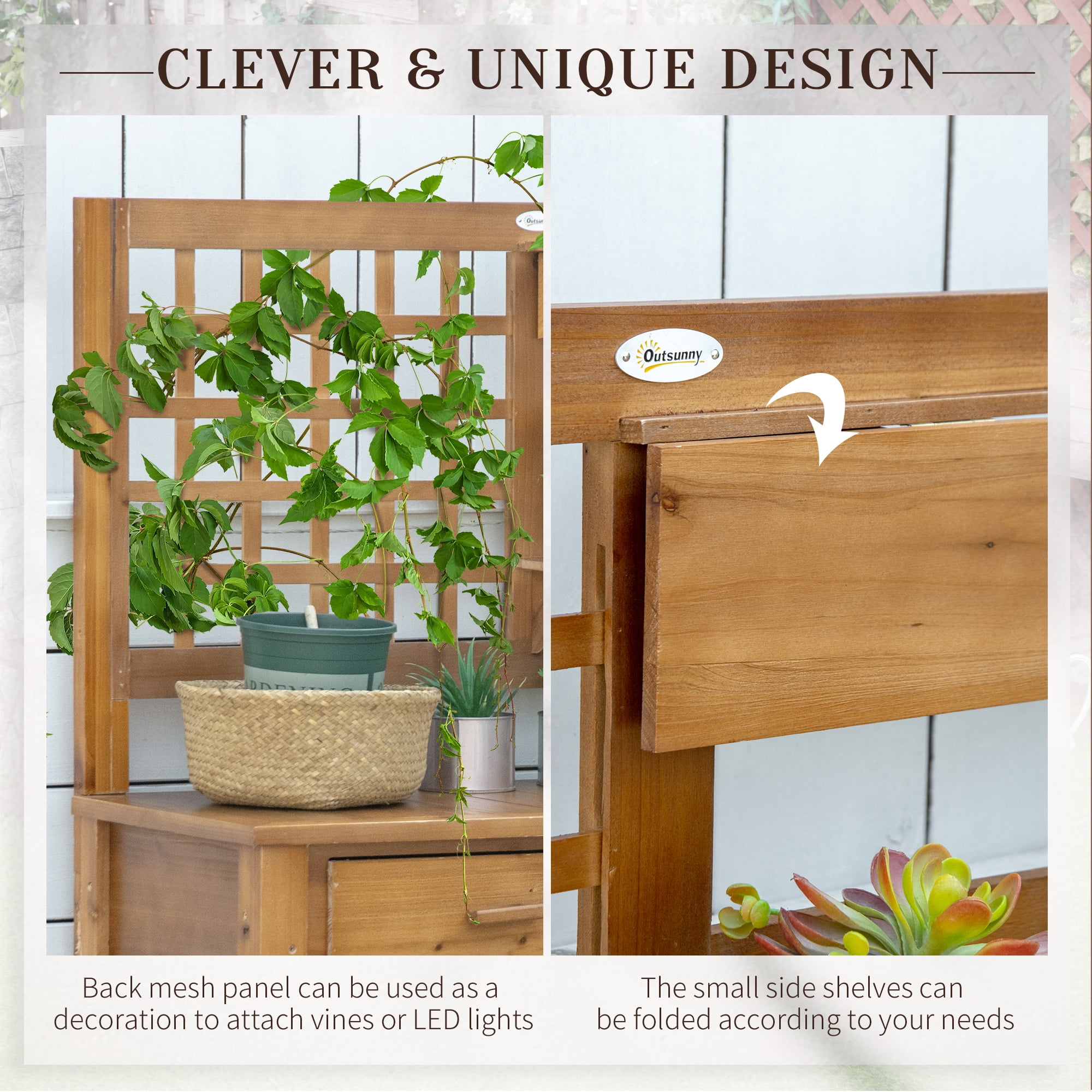 Potting Bench Table, Garden Work Bench, Outdoor Wooden Workstation with Tiers of Shelves and Drawer for Patio, Courtyards, Balcony, Brown
