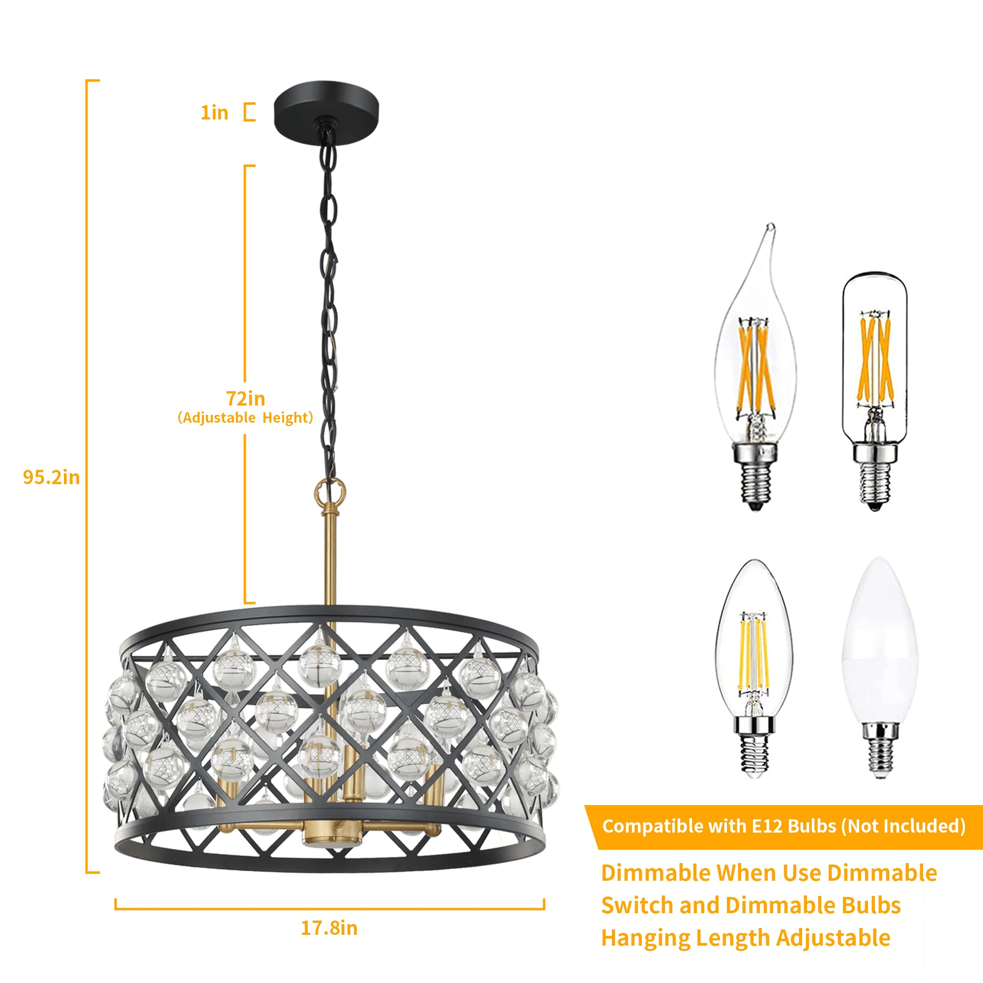 Karmiqi Crystal Chandelier, 17.8" 4-Lights Modern Farmhouse Chandelier with Adjustable Chain, Black Industrial Crystal Pendant Light Fixtures for Kitchen Island Dining Room Entryway Bedroom