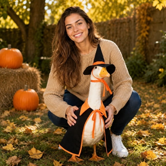 Halloween Wizard Outfit for 23" Porch Goose, Goose Clothes in Orange with Hat Fall Halloween Decor for 23" Goose Outdoor Patio Yard Lawn Decoration