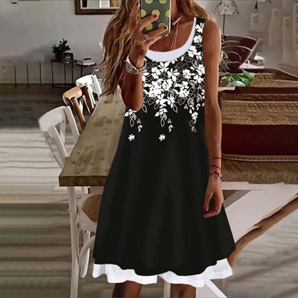 EGNMCR Summer Dresses Women Trendy Women's Fashion Casual Sleeveless Printing Round Neck Fake Two-Piece Ladies Vest Tank Dress