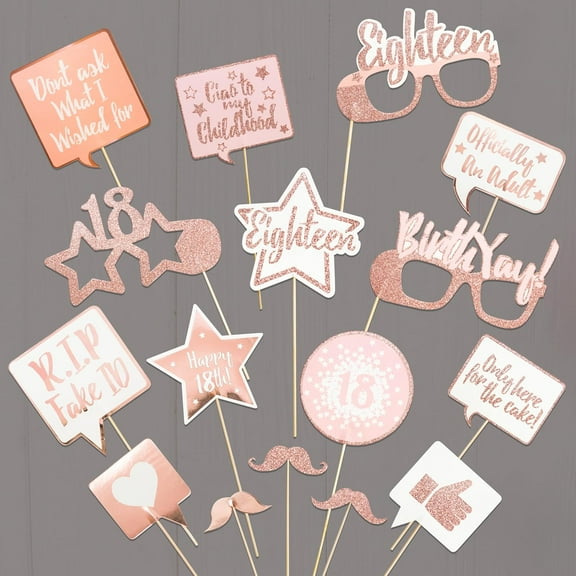 Cheerland 18th Birthday Party Photo Booth Props and Signs, Rose Gold, 16pcs